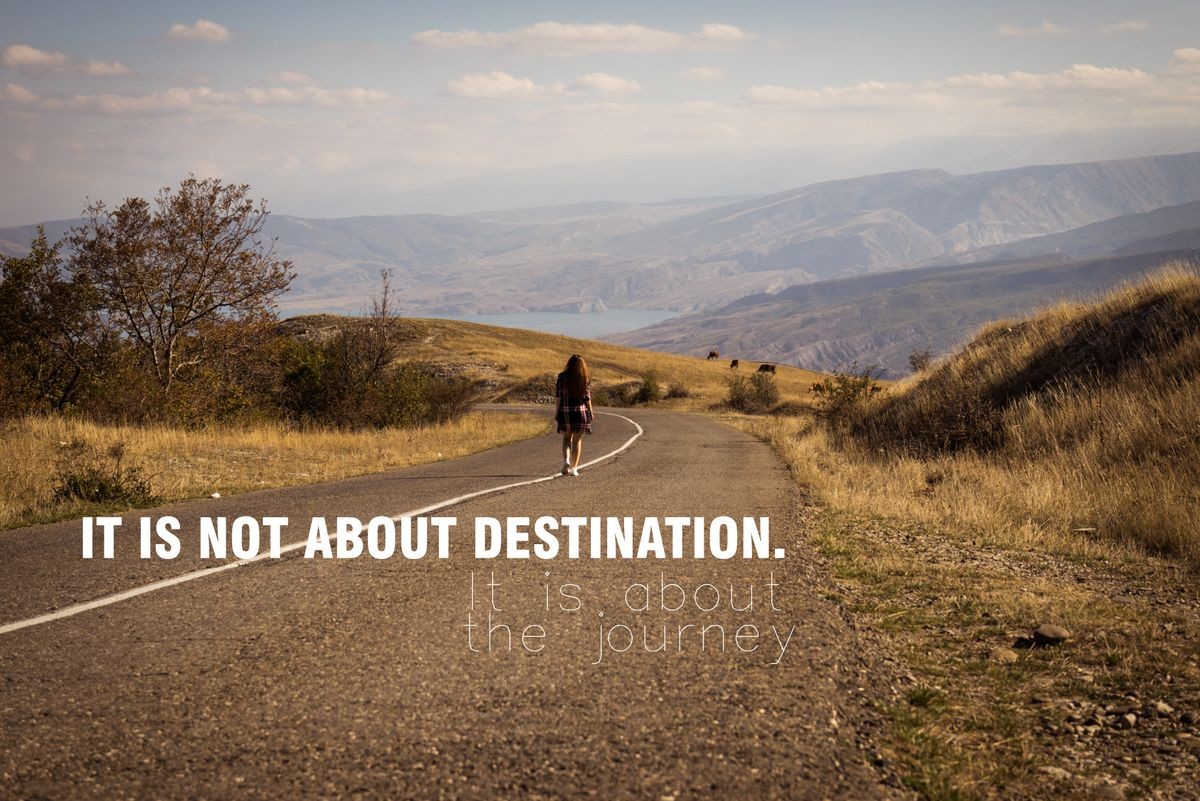 Lonely girl walking along the road in the mountains at sunset. Travel and freedom concept. It is not about destination. It is about the journey/ Inspirational Motivational Journey Quote Design. 